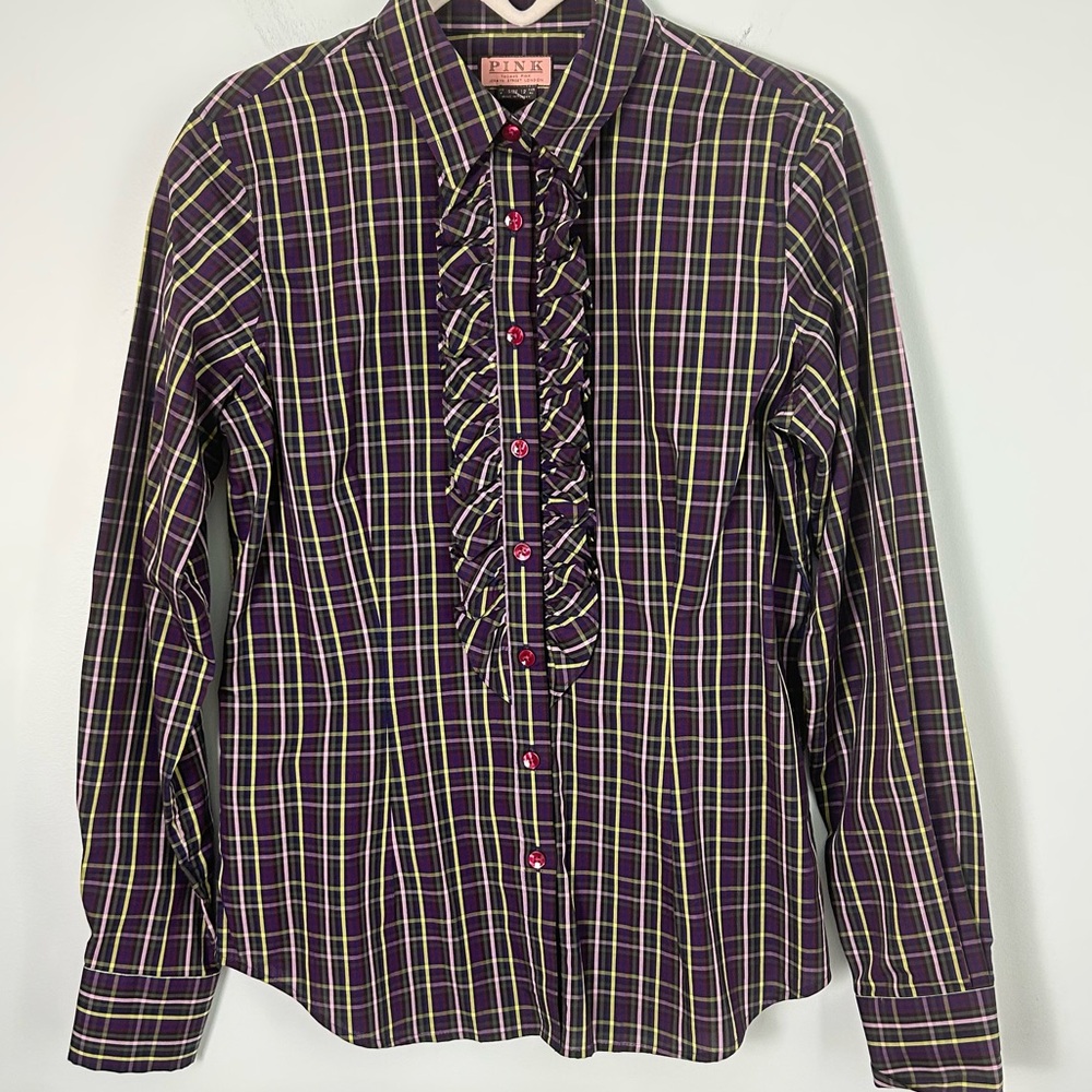 Pink Thomas Pink Purple Plaid Long Sleeve Button Down Shirt with Ruffle Trim